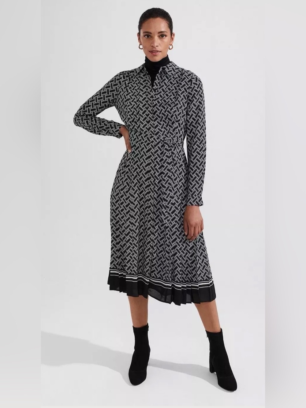 Hobbs London Lyanna Dress Longsleeve Pleated Button Down Dress